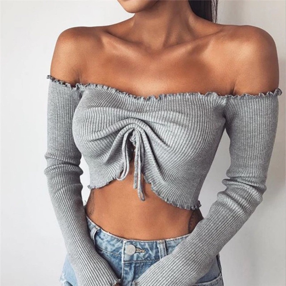 SALE! Off The Shoulder Crop Top In Gray